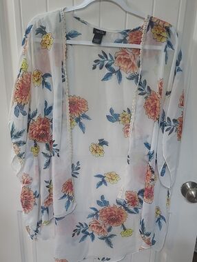 Rue21 Large Sheer Floral Open-Front Kimono - White with Yellow & Blue